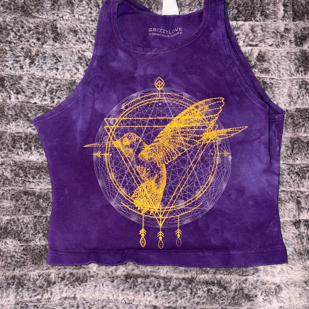 Purple Tank Crop Top with Gold Hummingbird Design